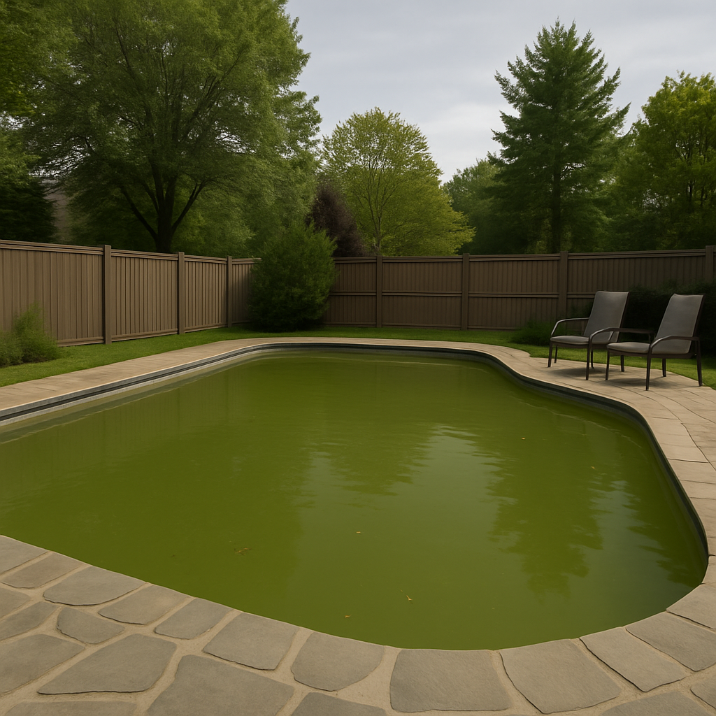 Cloudy green pool before Pool Star Management weekly service