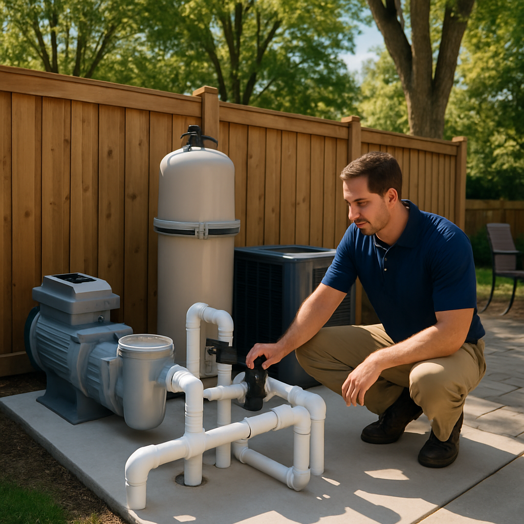 Pool tech inspecting pump and filter equipment