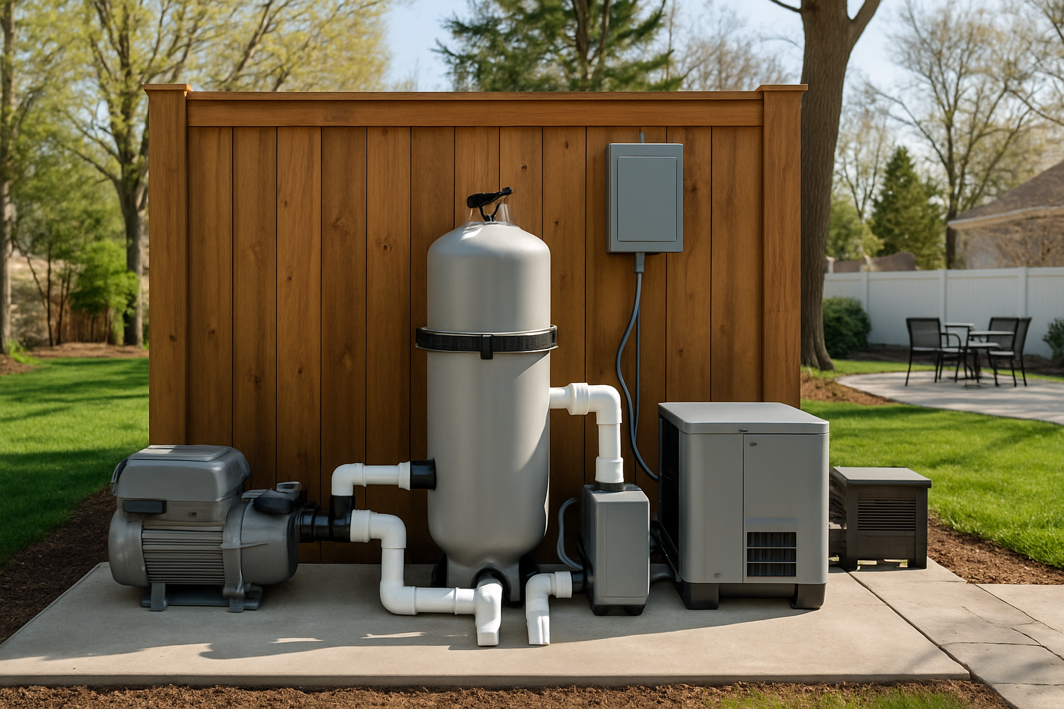 Pool equipment pad with pump, filter, and heater in Maryland
