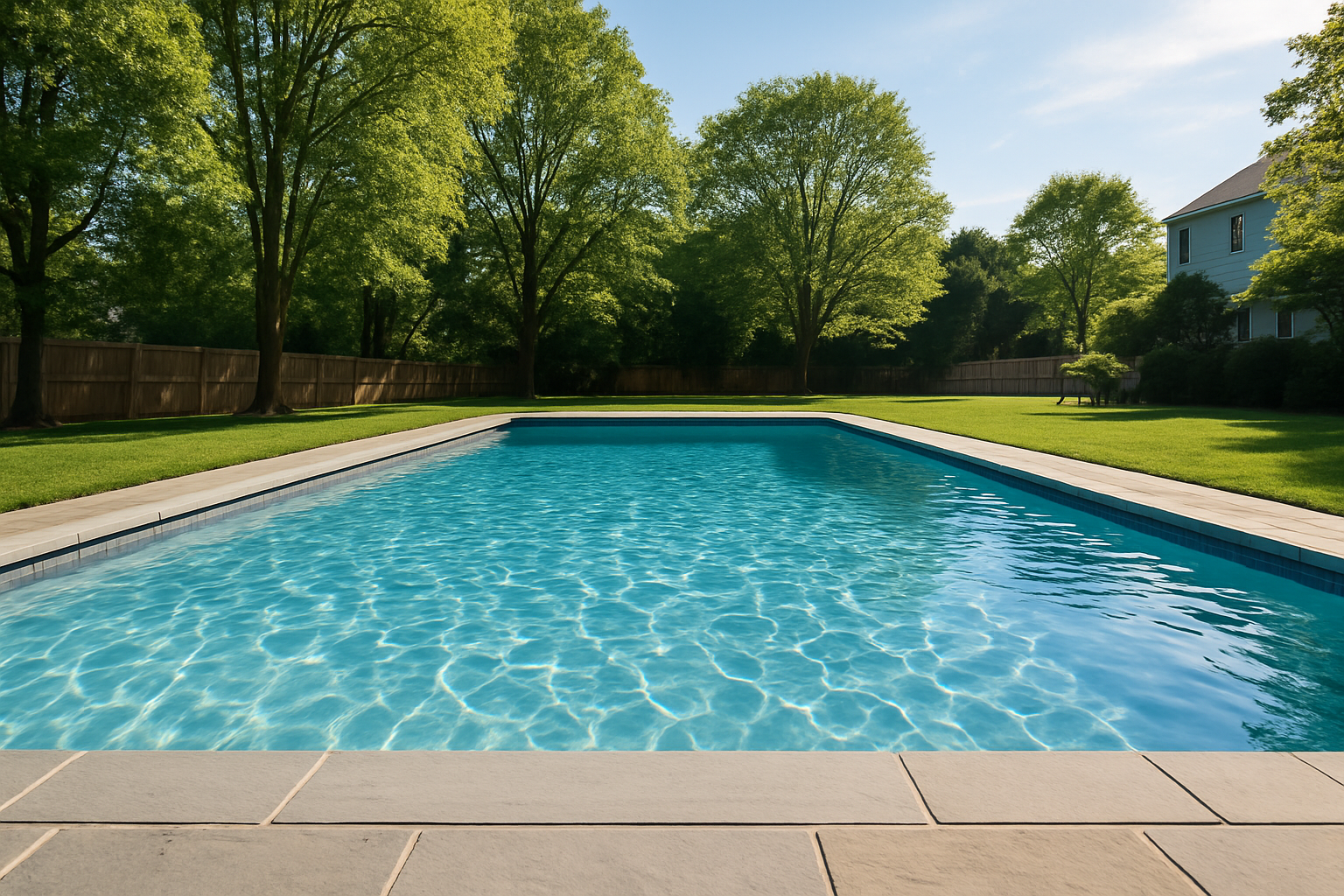 Crystal clear backyard pool serviced weekly in Montgomery County, Maryland
