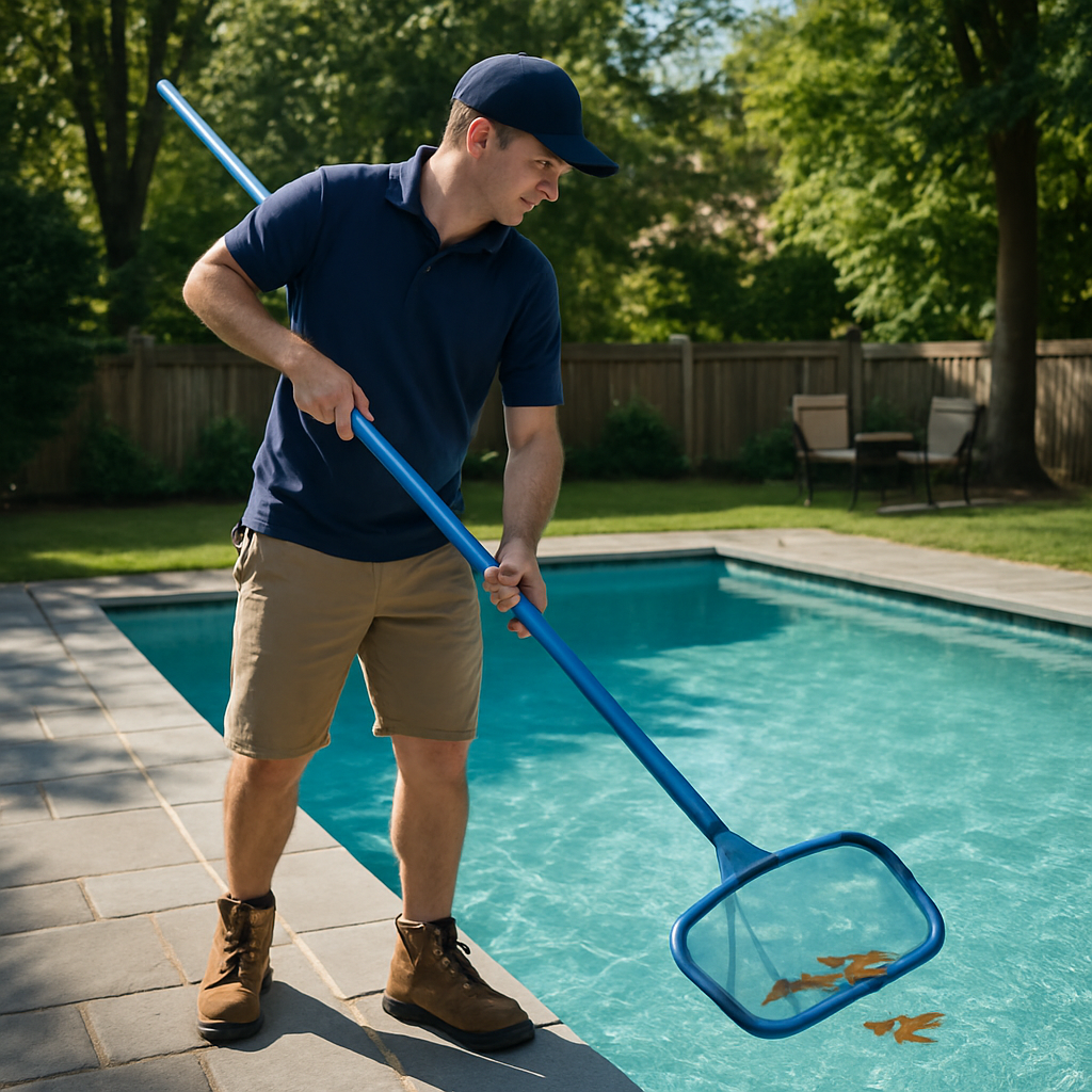 Pool technician skimming and vacuuming residential pool